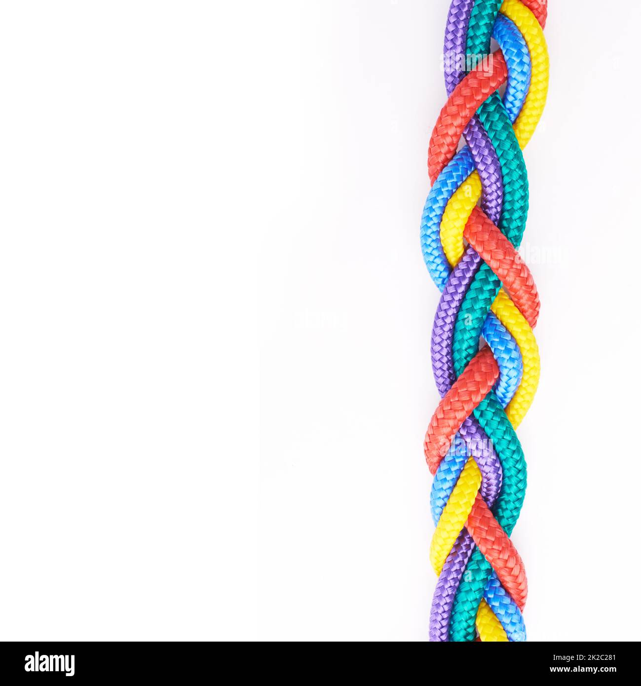 Rainbow ropes. Studio shot ropes knotted together isolated on white. Stock Photo