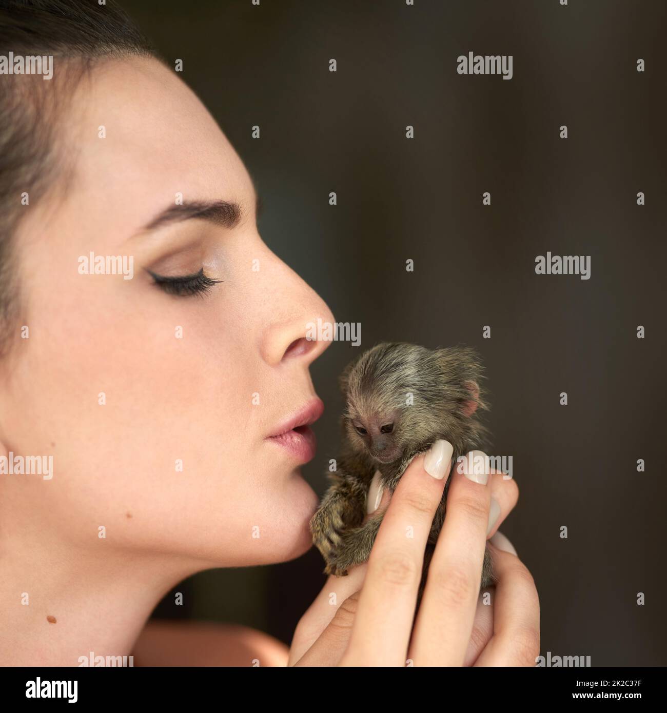 Kisses for my tiny guy. Cropped shot of an attractive young woman posing with a pigmy marmoset. Stock Photo