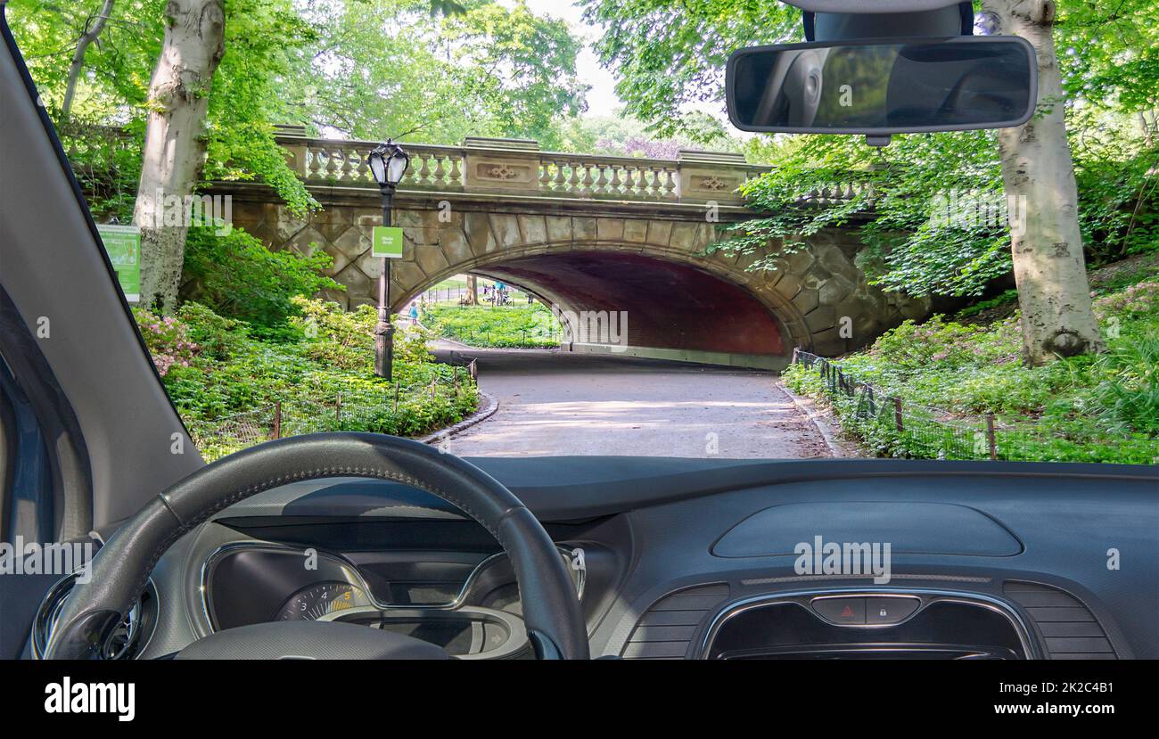 Car windshield view of Central Park, Manhattan, New York, USA Stock