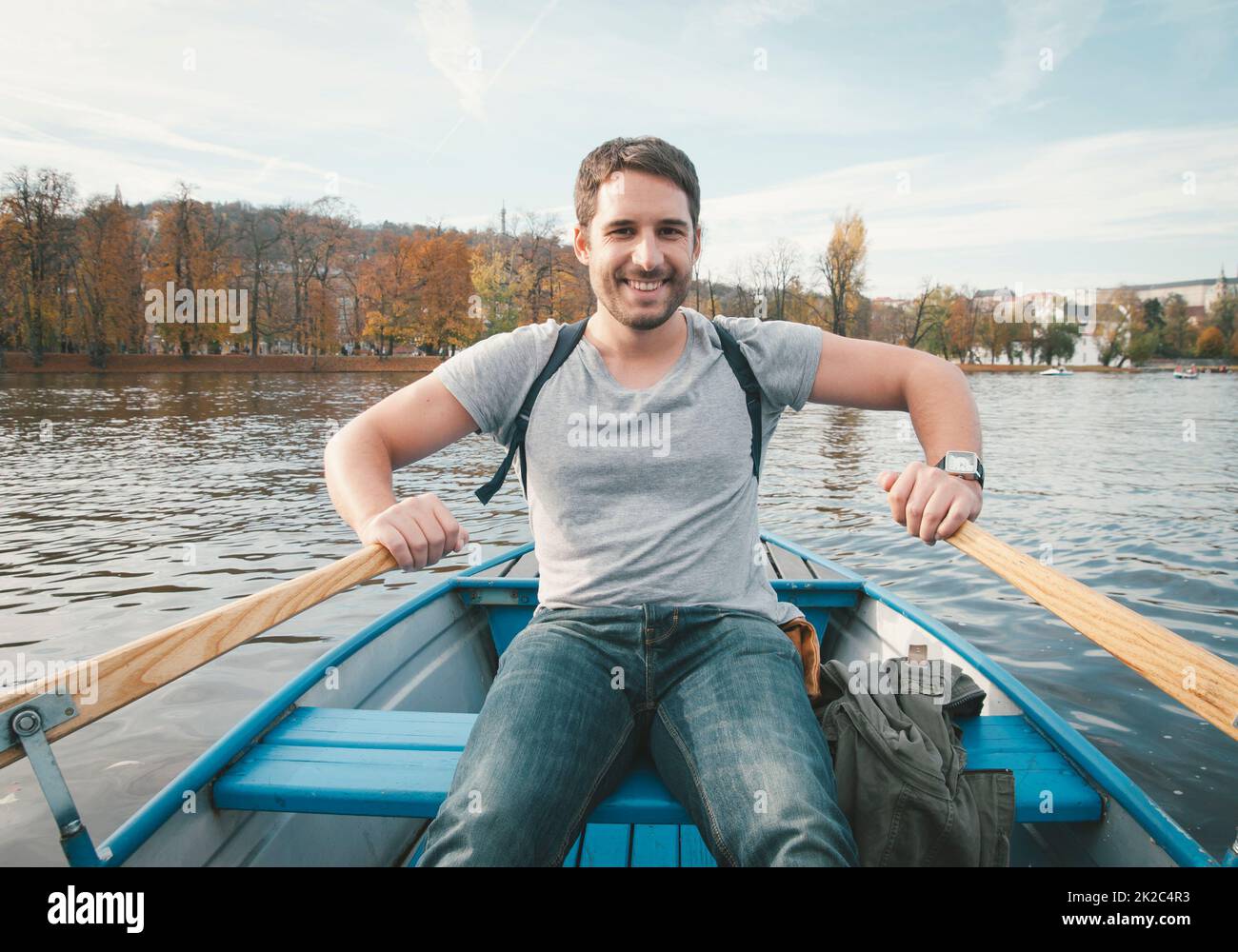 Man rowing on the river Stock Photo Alamy