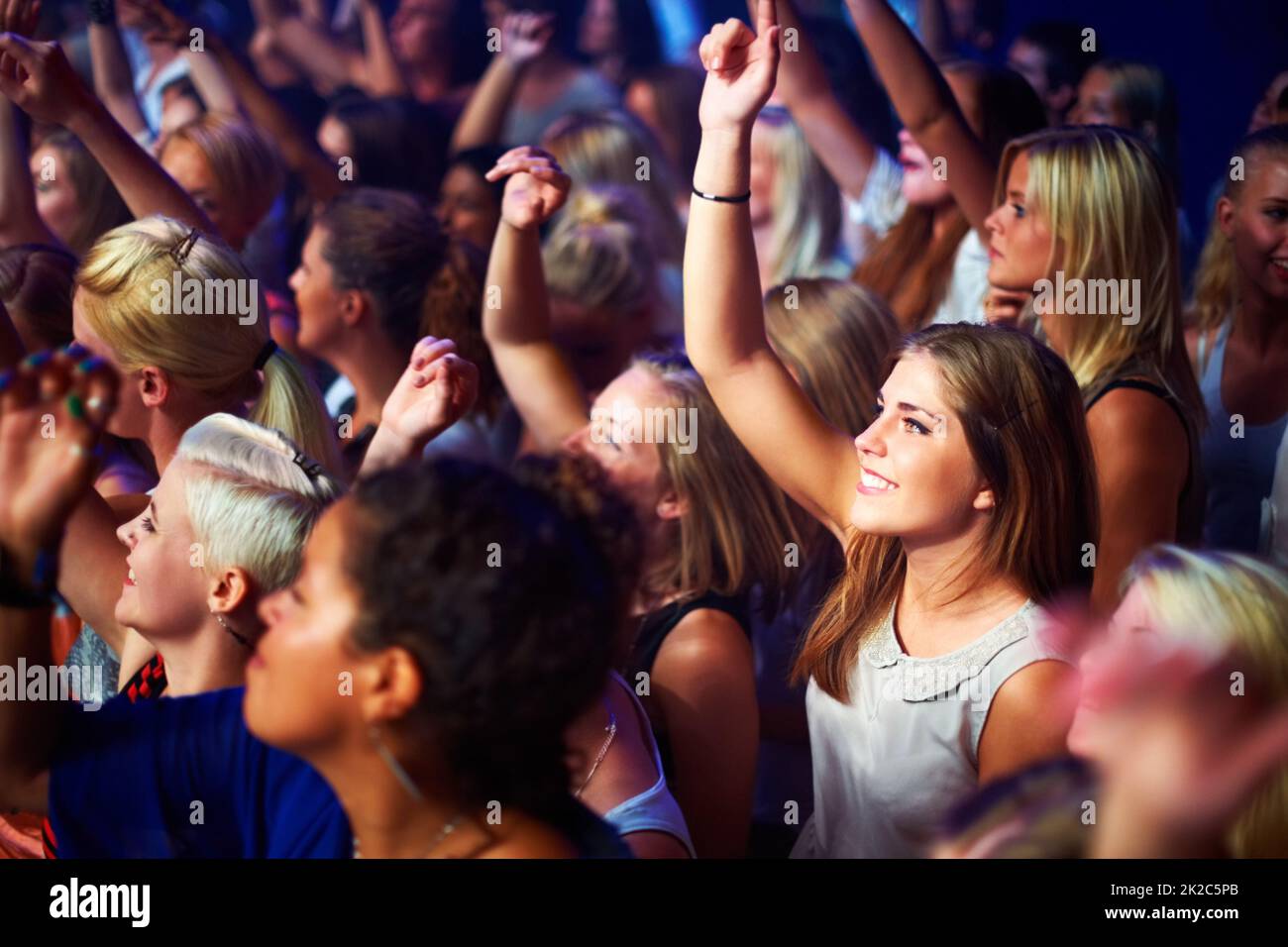 A group of adoring fans singing along to their favorite song. This concert was created for the sole purpose of this photo shoot, featuring 300 models and 3 live bands. All people in this shoot are model released. Stock Photo