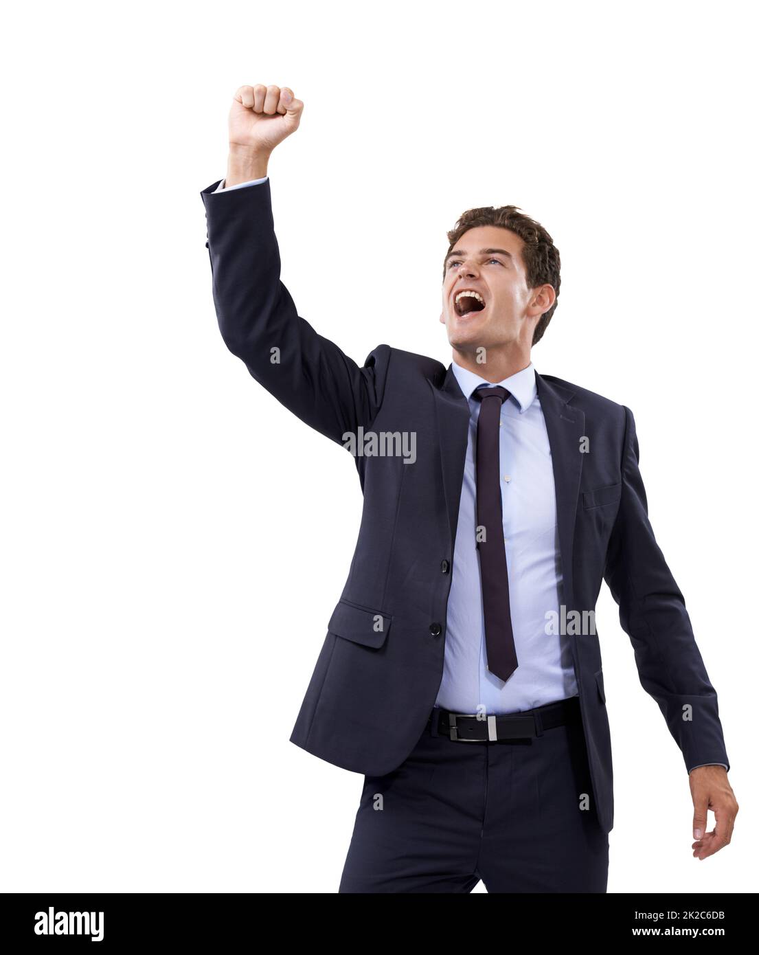 Cheering on his business team. A young businessman gesturing in triumph. Stock Photo