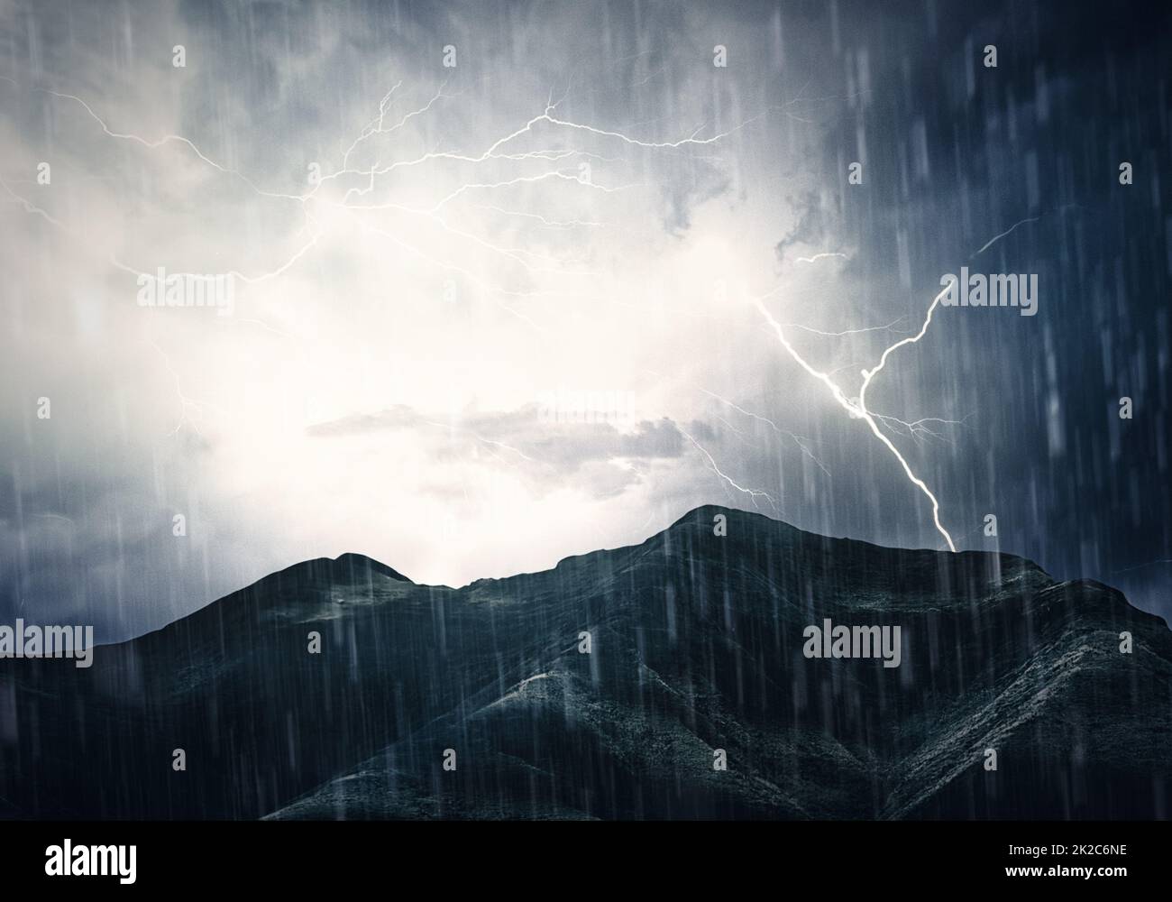 Natures fury. Illustration of a landscape under a torrential storm. Stock Photo