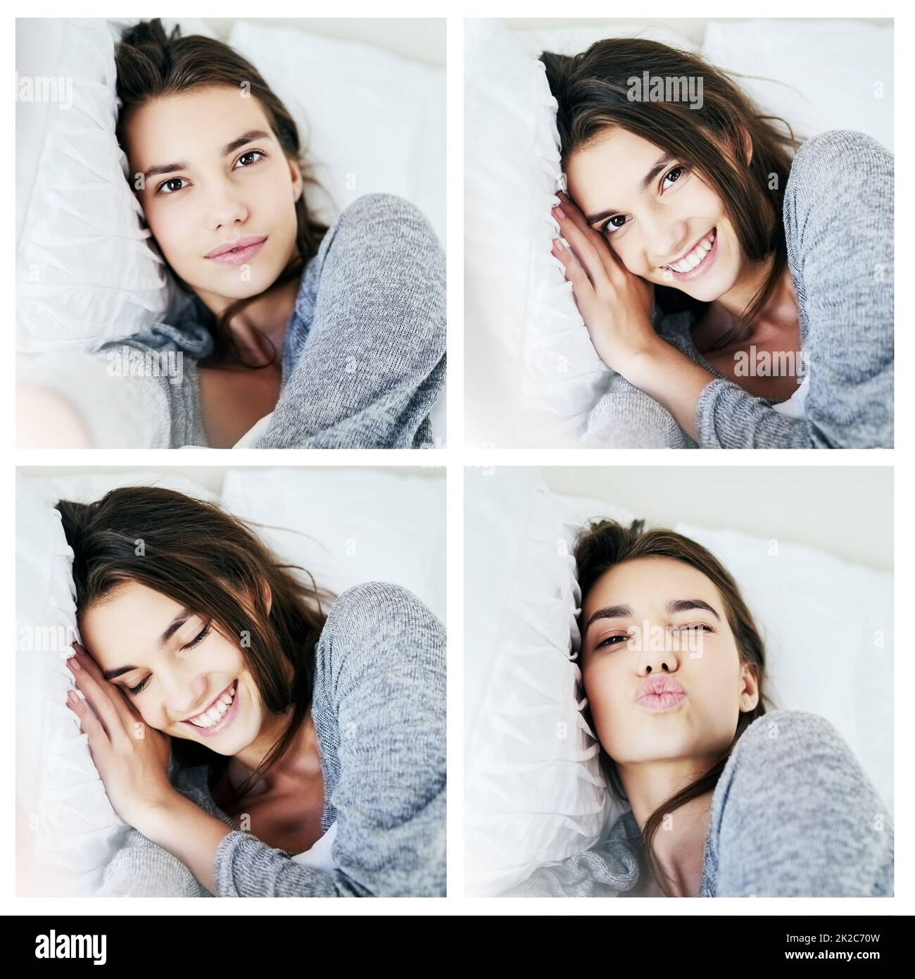 She has the looks that make you melt. Composite shot of an attractive young woman taking self portraits and blowing kisses while lying in bed at home during the day. Stock Photo