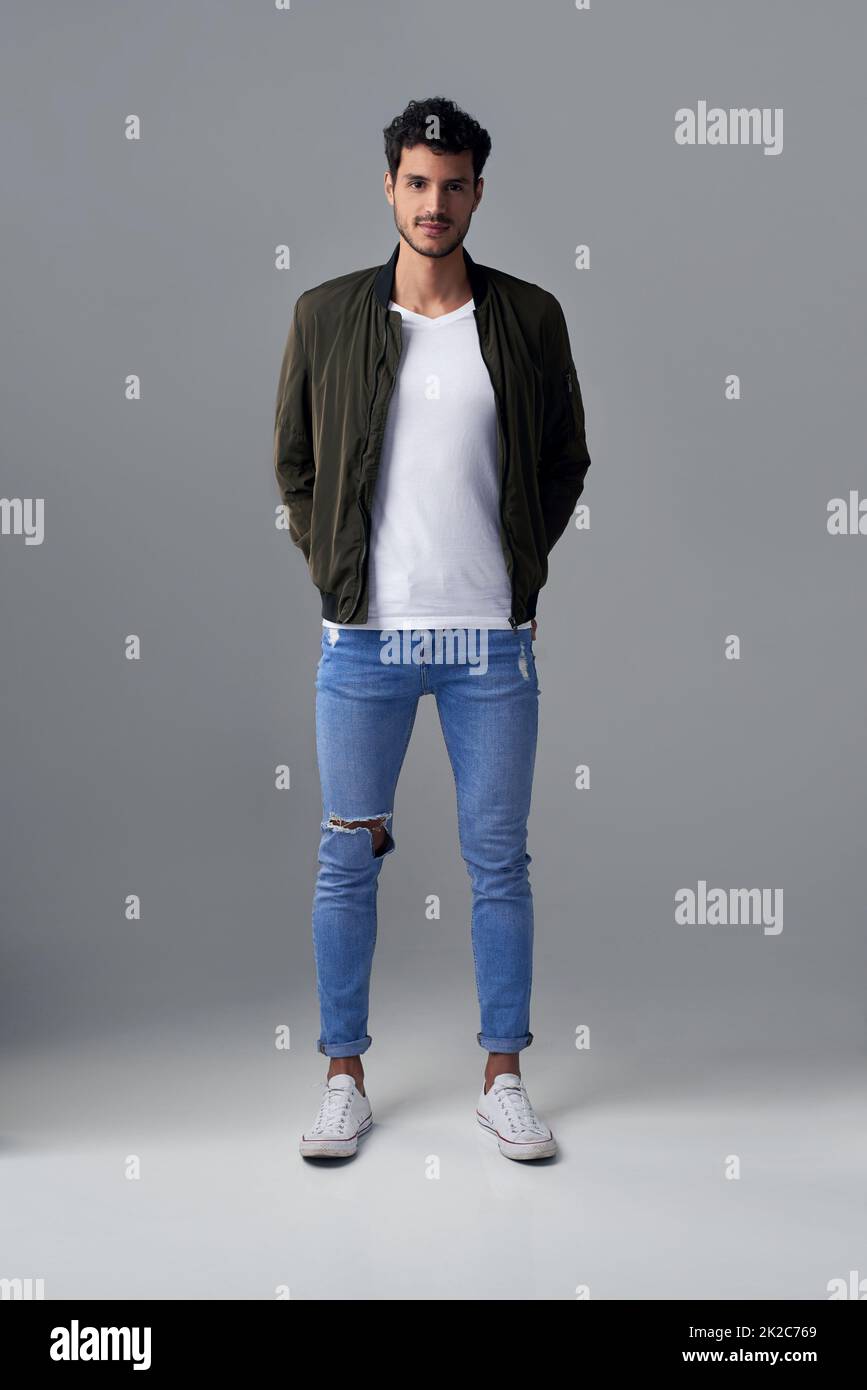 Full length denim jeans grey jacket hi-res stock photography and images -  Alamy