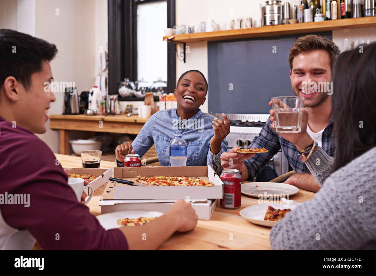 Friends Eating Pizza Together Sharing Platters Stock Photo 1038714430