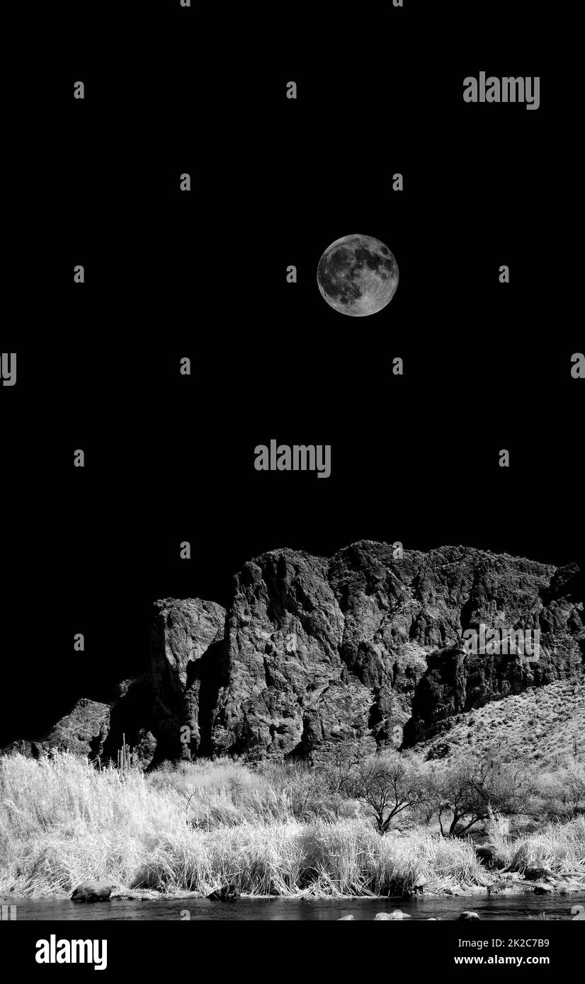 Arizona Sonora Desert Moon in infrared monochrome Stock Photo