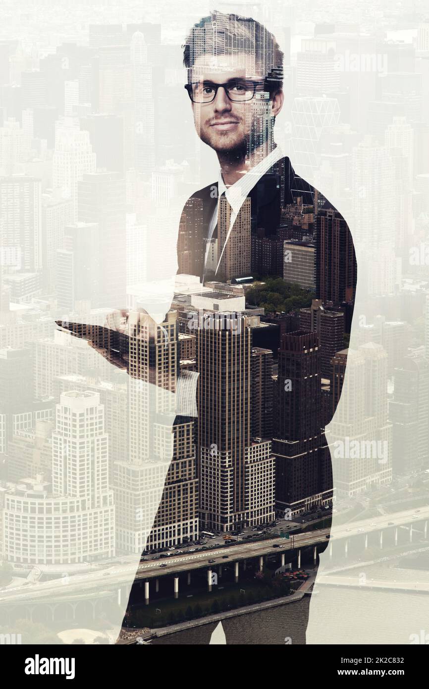 Cutting edge business requires cutting edge technology. Portrait of a young businessman using a digital tablet superimposed over a cityscape. Stock Photo