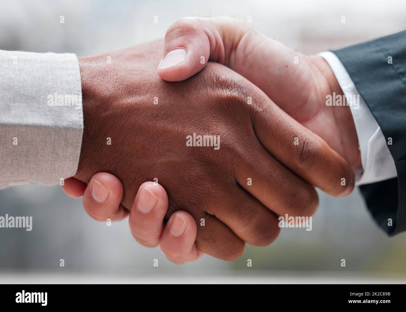 Youve got yourself a deal. Cropped shot of two unrecognizable businessmen shaking hands while standing in their office. Stock Photo