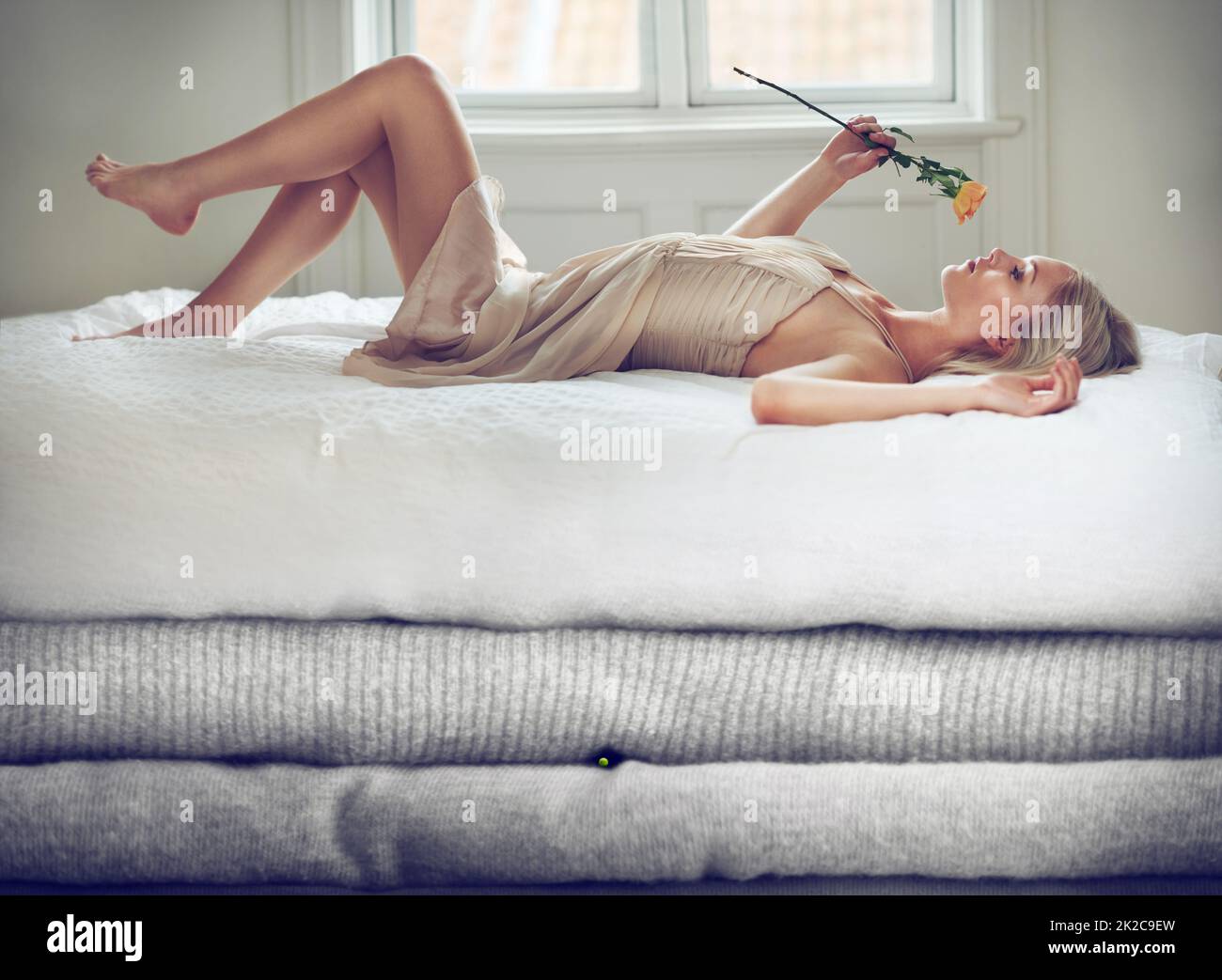 Relaxation and natural aroma. Shot of a beautiful young woman smelling a rose while lying on bed of oversized blankets. Stock Photo