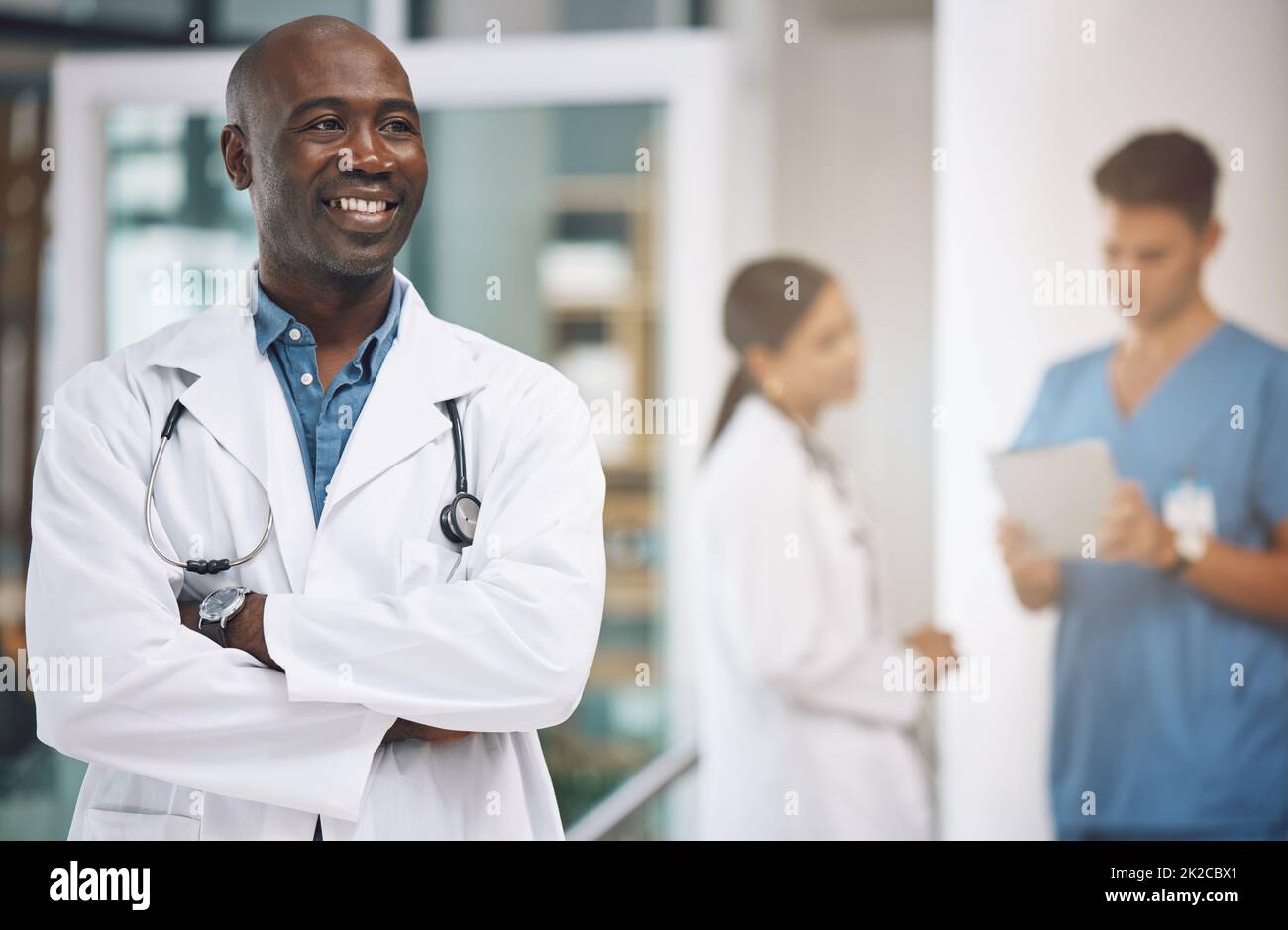 Medical, healthcare and arms crossed with doctor in hospital for vision ...