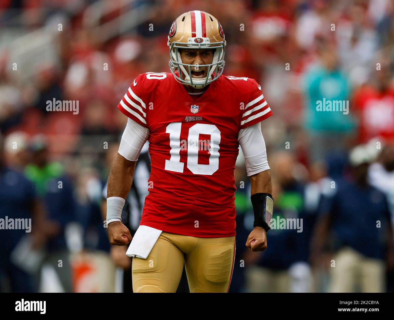 Santa Clara, California, USA. 19th Jan, 2020. San Francisco 49ers  quarterback Jimmy Garoppolo (10) and fullback Kyle Juszczyk (44) pregame on  Sunday, January 19, 2020, at Levis Stadium in Santa Clara, California.