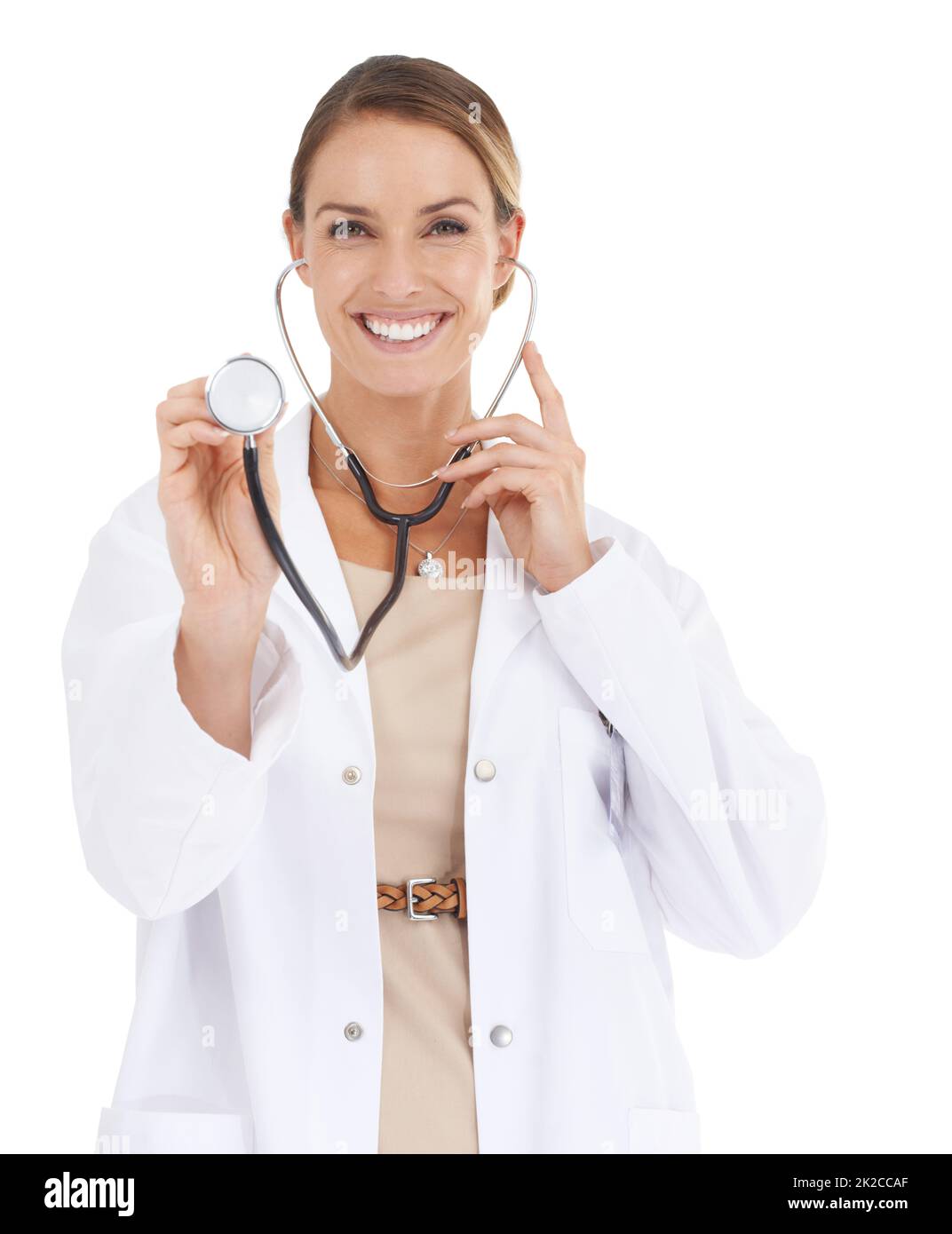 Lets check your heart rate.... A beautiful female doctor holding up a stethoscope to the camera