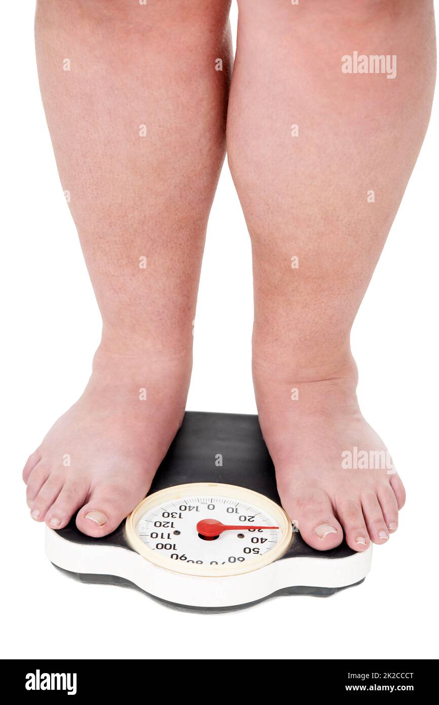 Overweight human with fat feet on scales isolated Vector Image