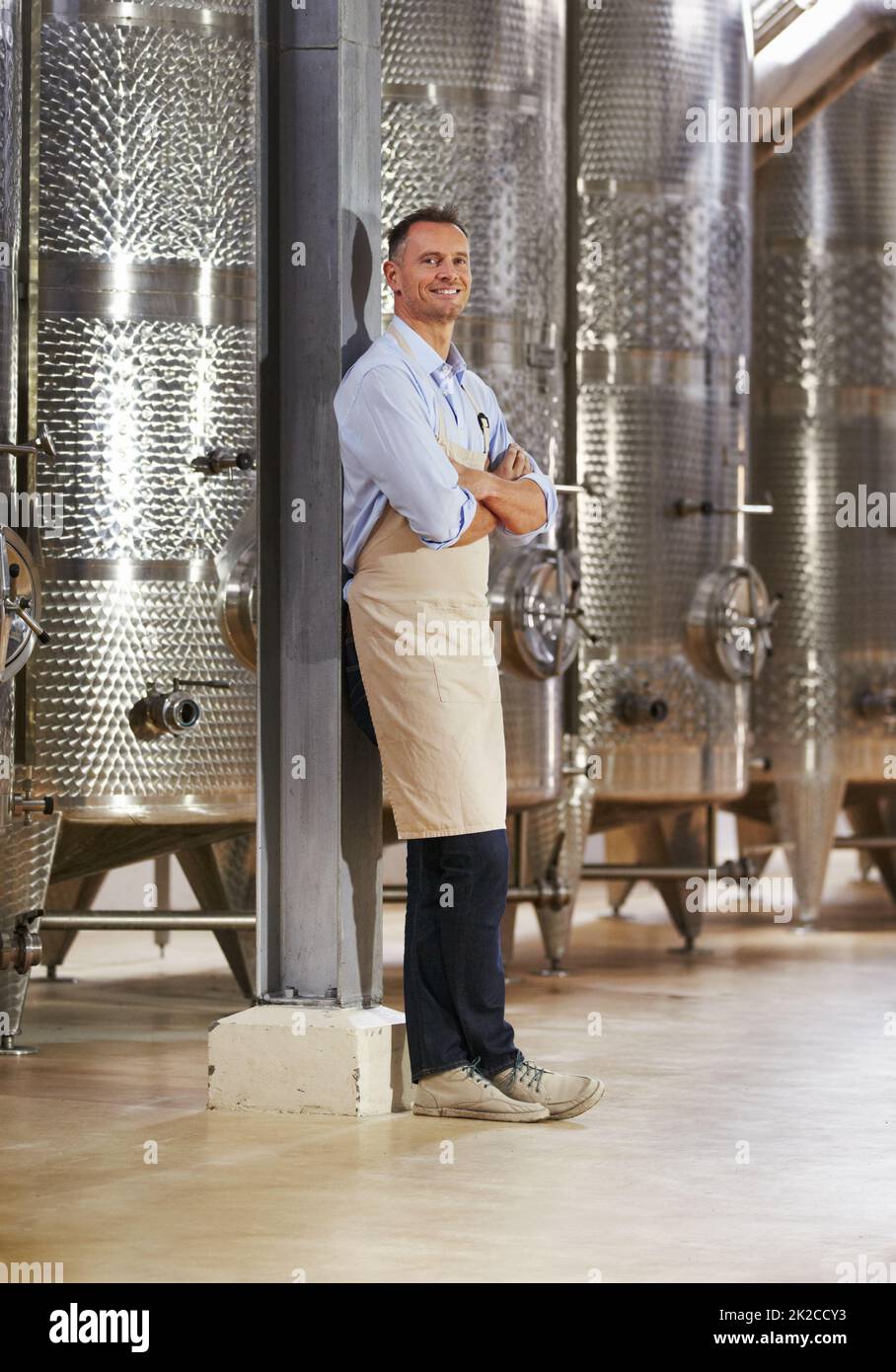 He is proud of his wines. Portrait of a mature wine maker standing next to his steel vats in his cellar. Stock Photo