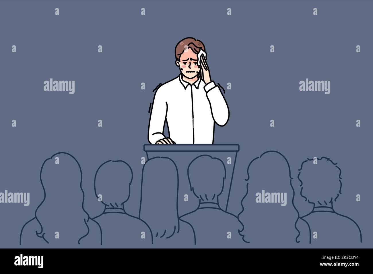 Nervous man feel stressed speaking in front of public. Anxious worried
