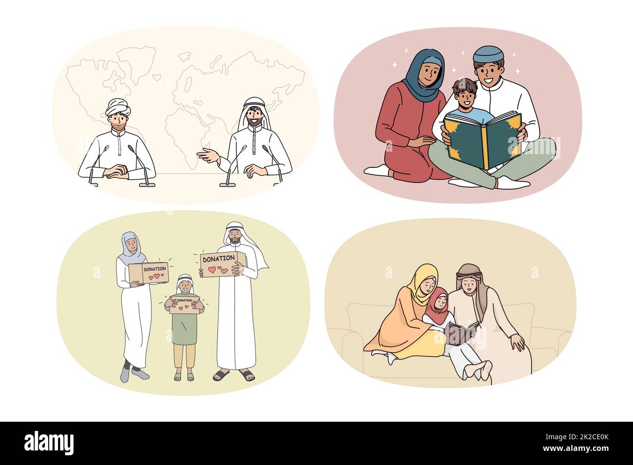 Set of diverse Arabic families in traditional clothes Stock Photo