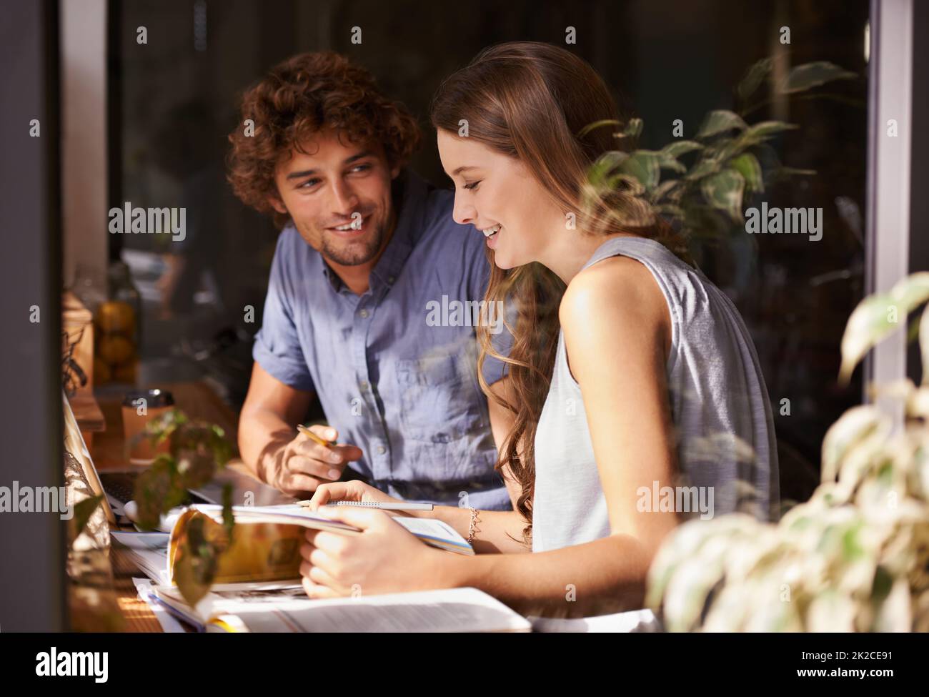 I think shes awesome. Shot of two young students doing revision in a coffee shop. Stock Photo