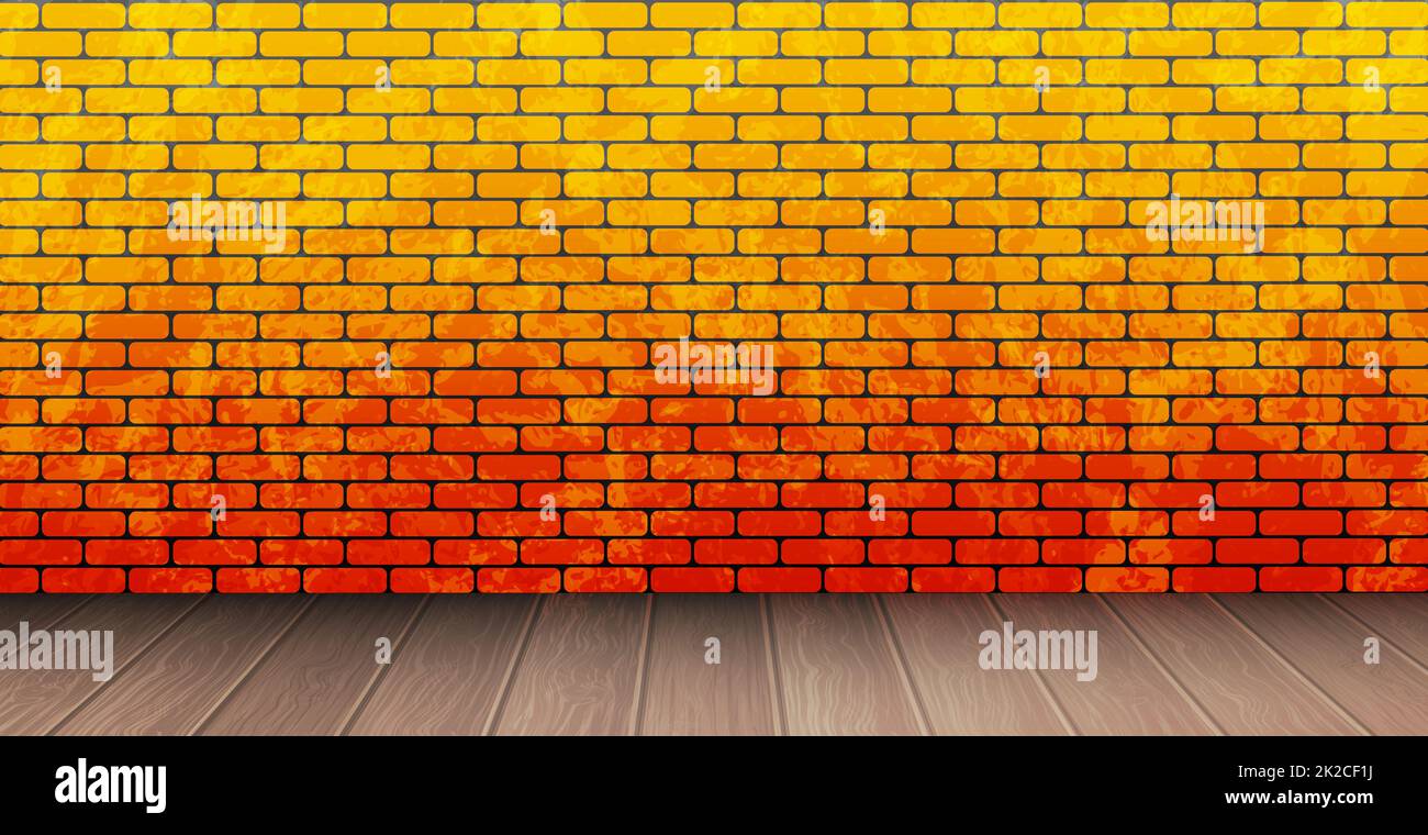 Stylish studio, panoramic orange brick background with peeling paint, wooden floor - Vector Stock Photo