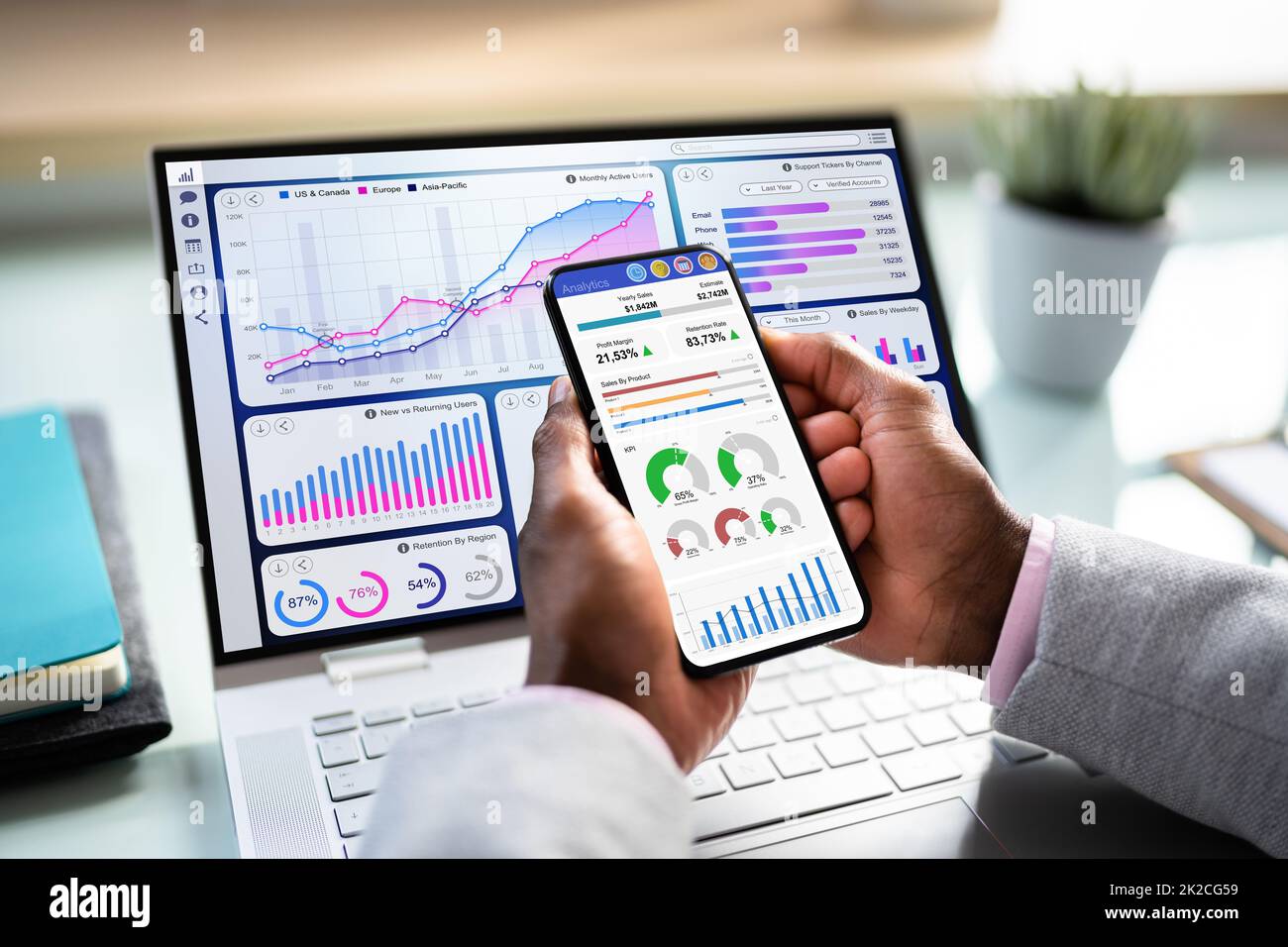 African Advisor Using KPI Dashboard Stock Photo