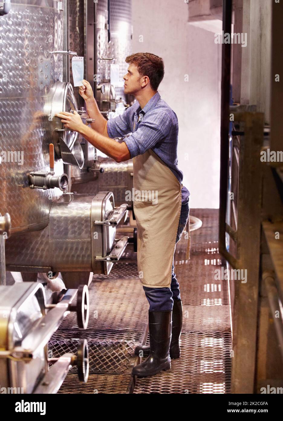 Using modern methods to create the best wines. A young wine maker checking on his vats in the