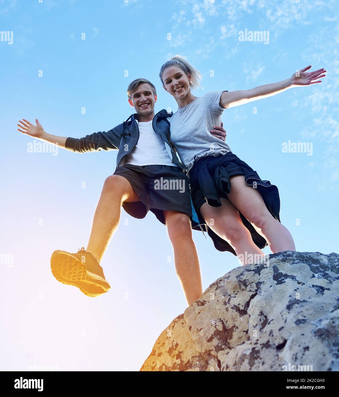 For the love of freedom. Full length portrait of a young couple posing on a mountain top. Stock Photo