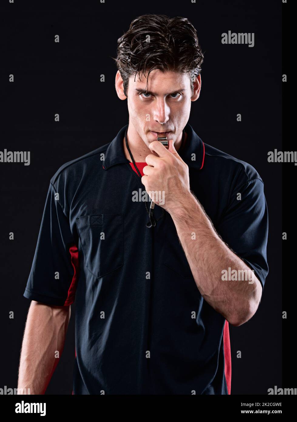 Attitude is everything. Shot of a referee blowing his whistle. Stock Photo