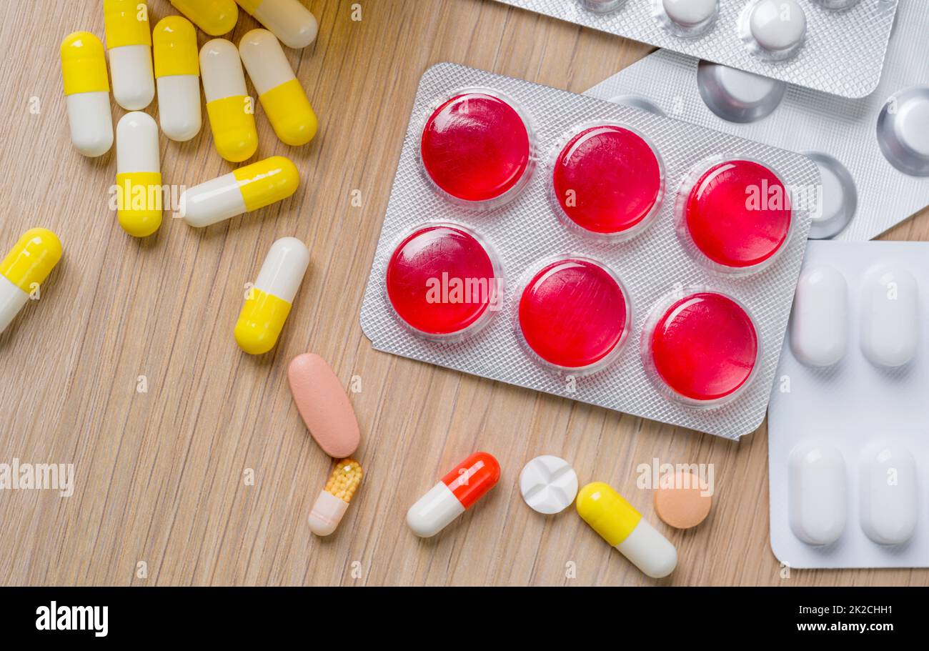 Different medicine pills and capsules with blister packs Stock Photo
