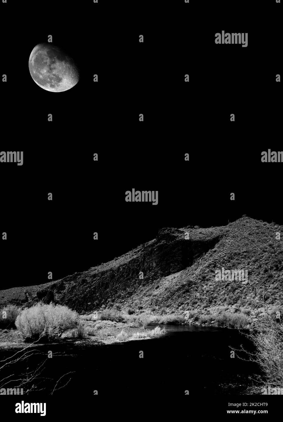 Salt River Arizona Sonora Desert Moon in infrared monochrome Stock Photo