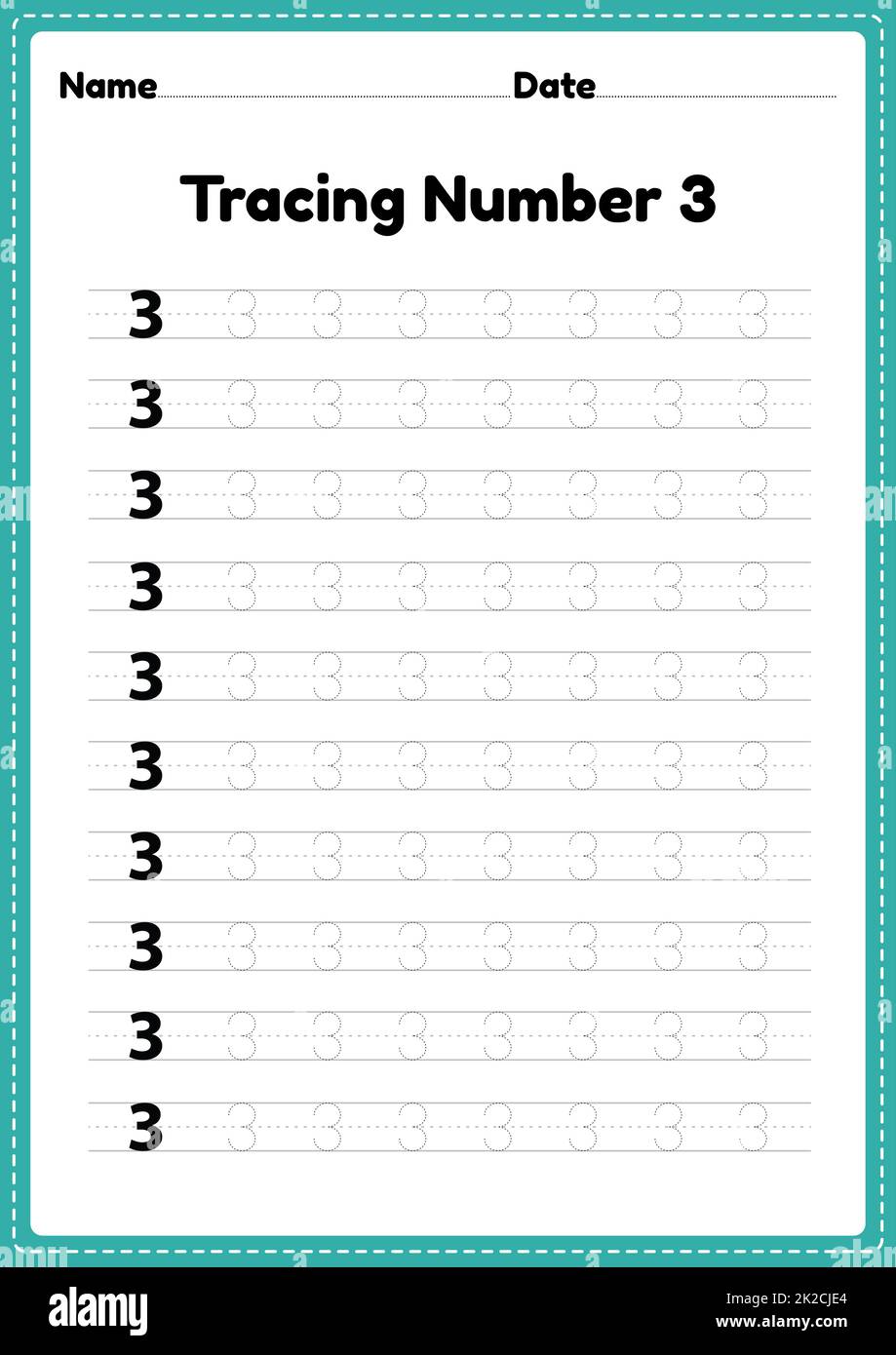 Tracing number 3 worksheet for kindergarten and preschool kids for educational handwriting practice in a printable page. Stock Photo