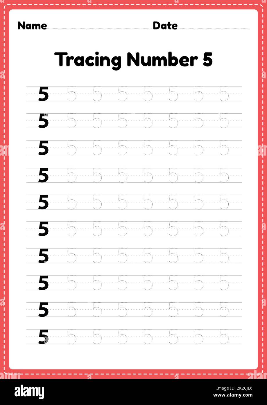 Tracing number 5 worksheet for kindergarten and preschool kids for educational handwriting practice in a printable page. Stock Photo