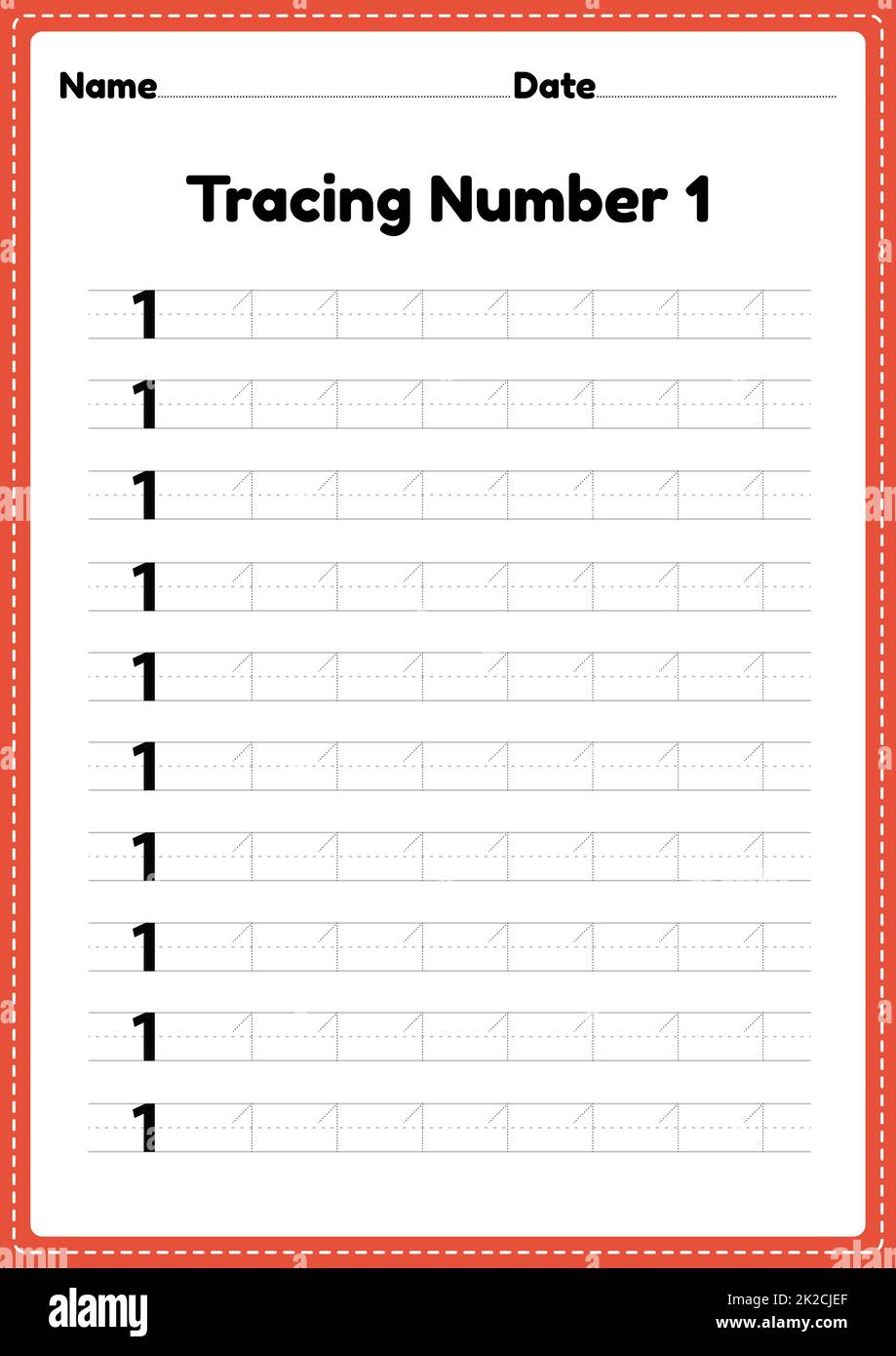 Tracing number 1 worksheet for kindergarten and preschool kids for educational handwriting practice in a printable page. Stock Photo
