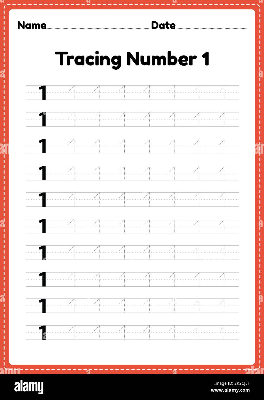 Tracing number 1 worksheet for kindergarten and preschool kids for