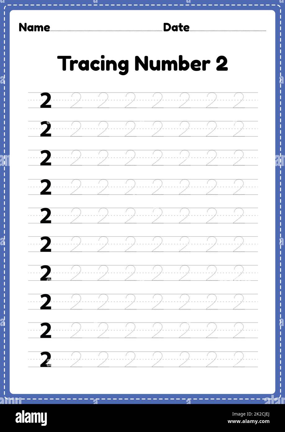 Tracing number 2 worksheet for kindergarten and preschool kids for educational handwriting practice in a printable page. Stock Photo