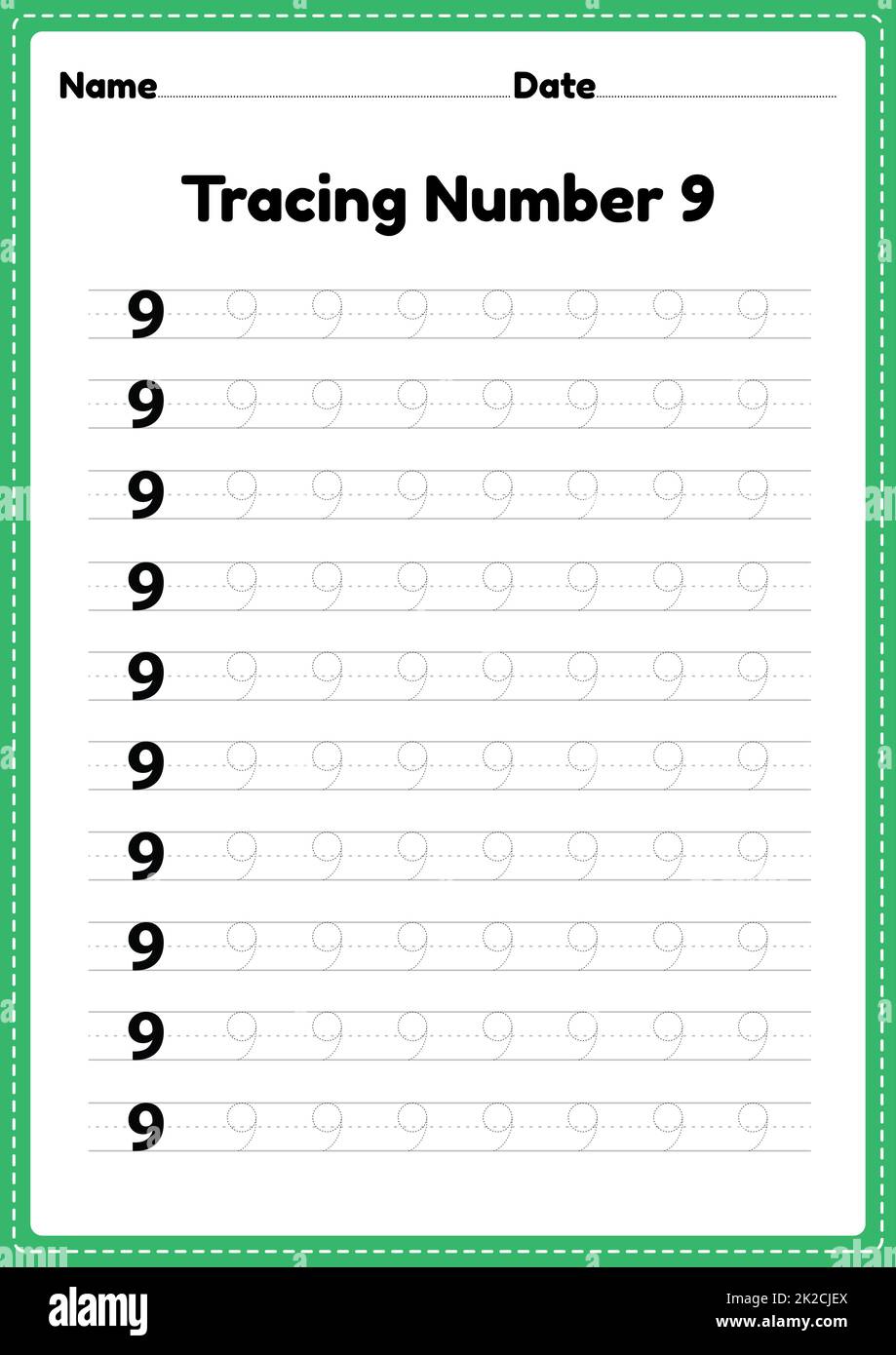 Tracing number 9 worksheet for kindergarten and preschool kids for educational handwriting practice in a printable page. Stock Photo