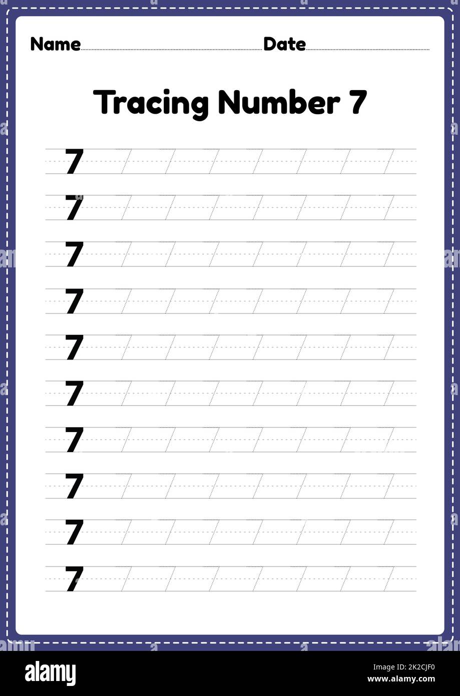 Tracing number 7 worksheet for kindergarten and preschool kids for educational handwriting practice in a printable page. Stock Photo