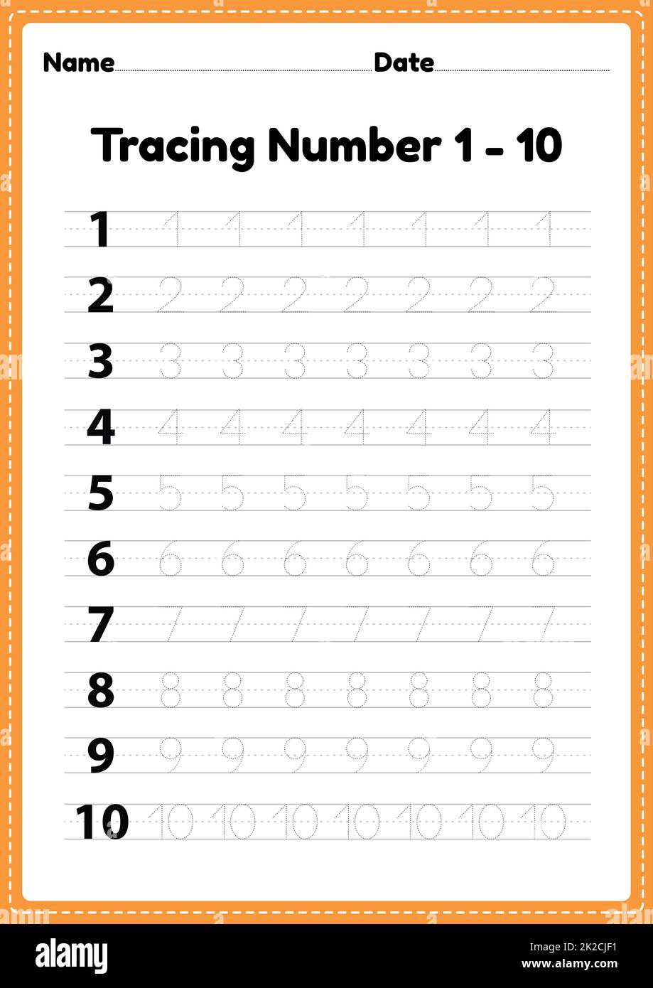 Tracing number 1-10 worksheet for kindergarten and preschool kids for educational handwriting practice in a printable page. Stock Photo