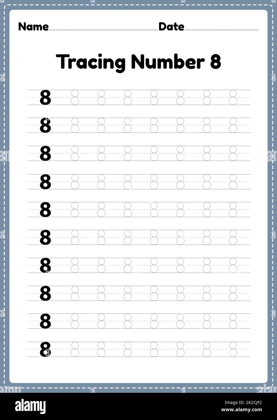 Tracing number 8 worksheet for kindergarten and preschool kids for educational handwriting practice in a printable page. Stock Photo