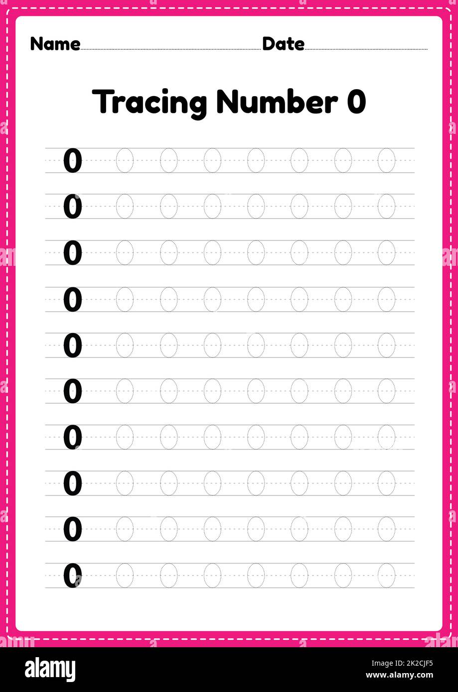 Tracing number 0 worksheet for kindergarten and preschool kids for educational handwriting practice in a printable page. Stock Photo