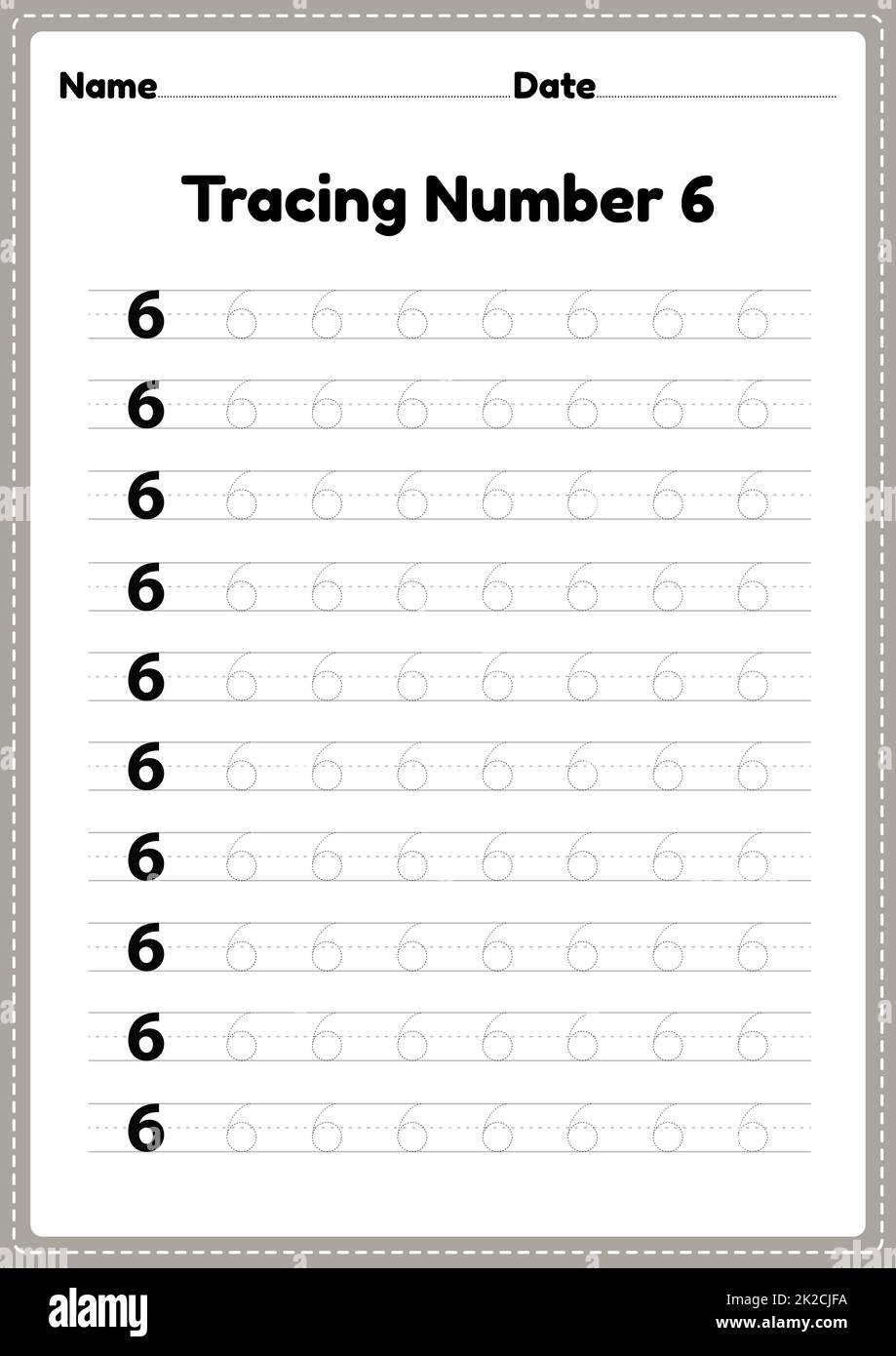 Tracing number 6 worksheet for kindergarten and preschool kids for educational handwriting practice in a printable page. Stock Photo