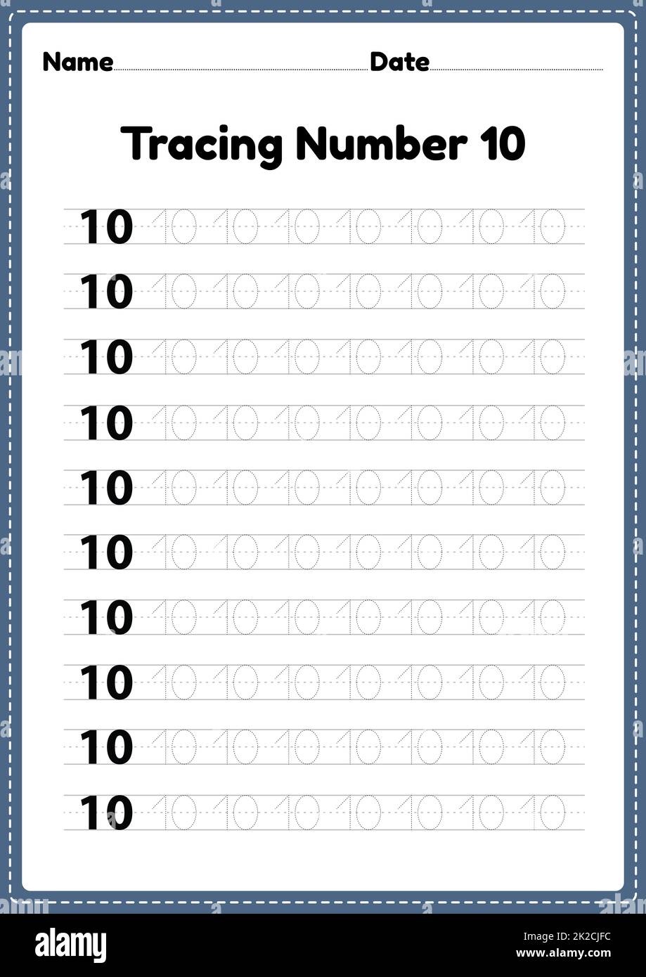 Tracing number 10 worksheet for kindergarten and preschool kids for educational handwriting practice in a printable page. Stock Photo