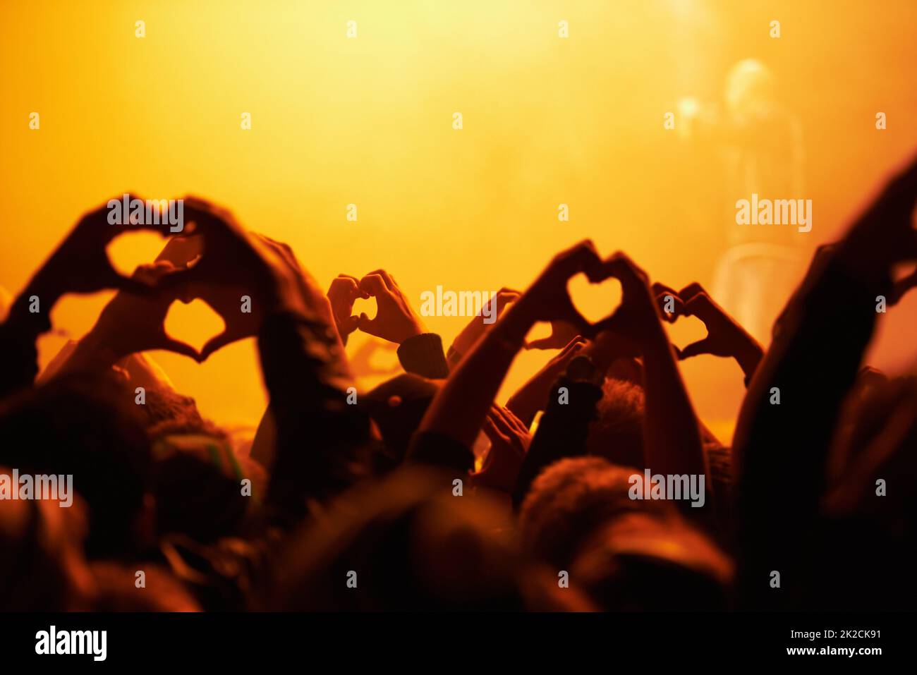 Love and light. Rear view of an audience making heart-shapes with their hands. Stock Photo