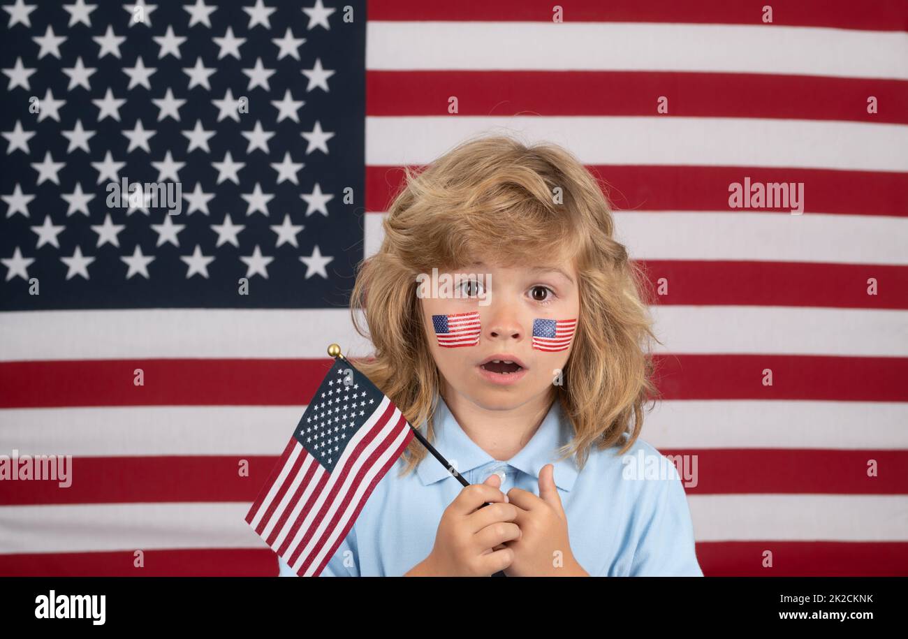 Celebrating Independence Day. Child with american flag, independence day 4th of july. United States of America concept. Fourth of july independence Stock Photo