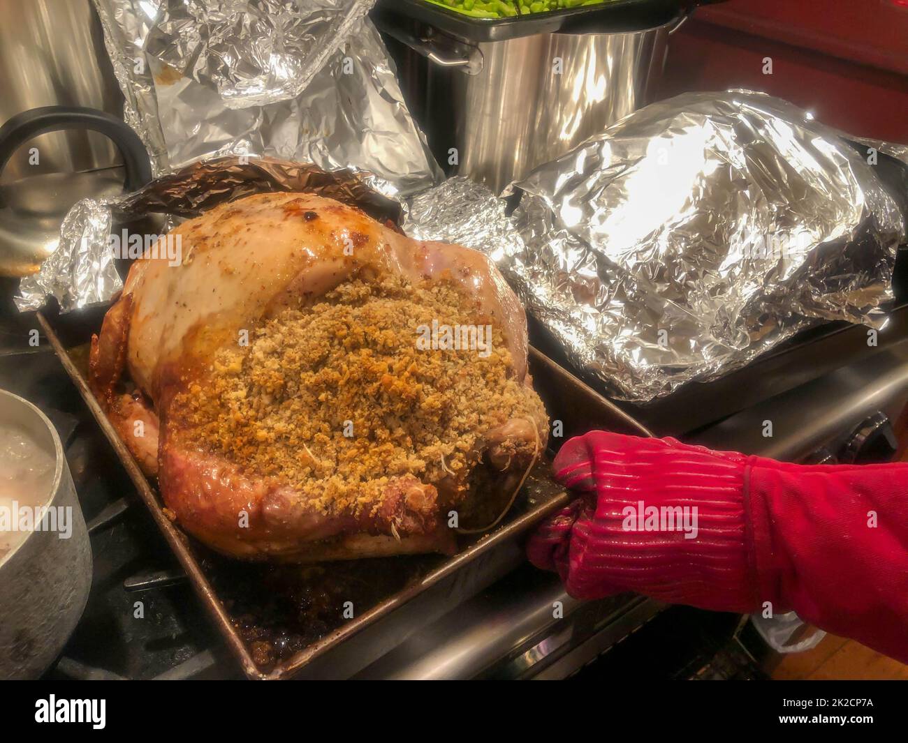 Stuffed turkey in roasting pan with aluminum foil and red hot mitt