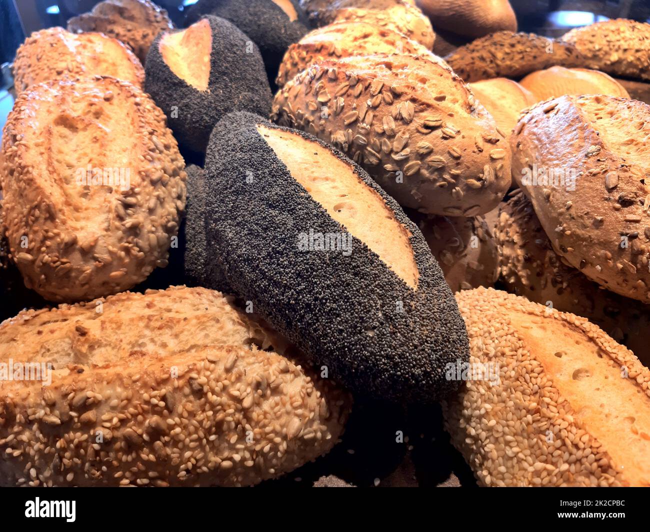 Sunday rolls in a bakery counter as a symbol for price increases Stock Photo