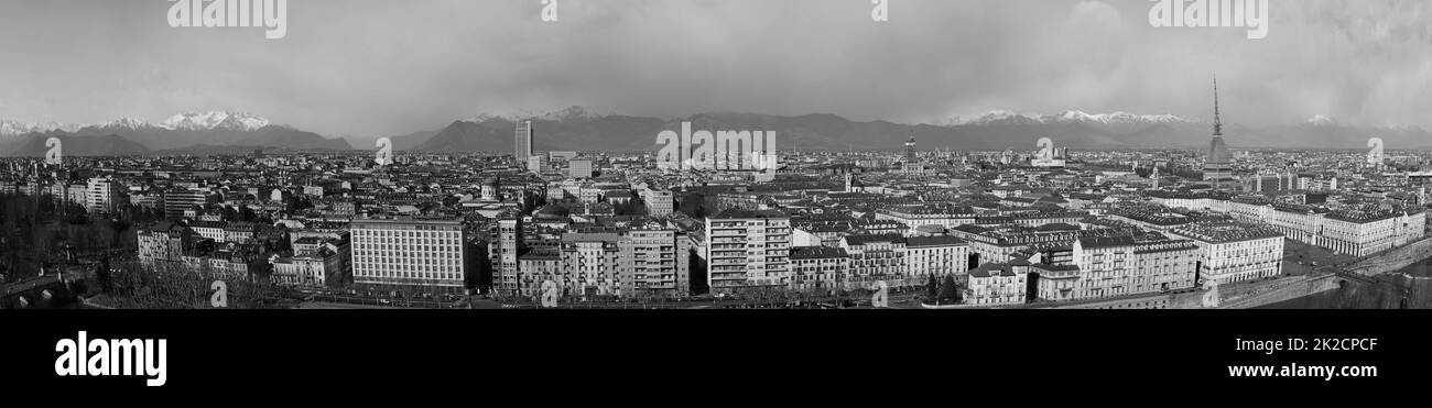 Wide panoramic aerial view of Turin in black and white Stock Photo - Alamy