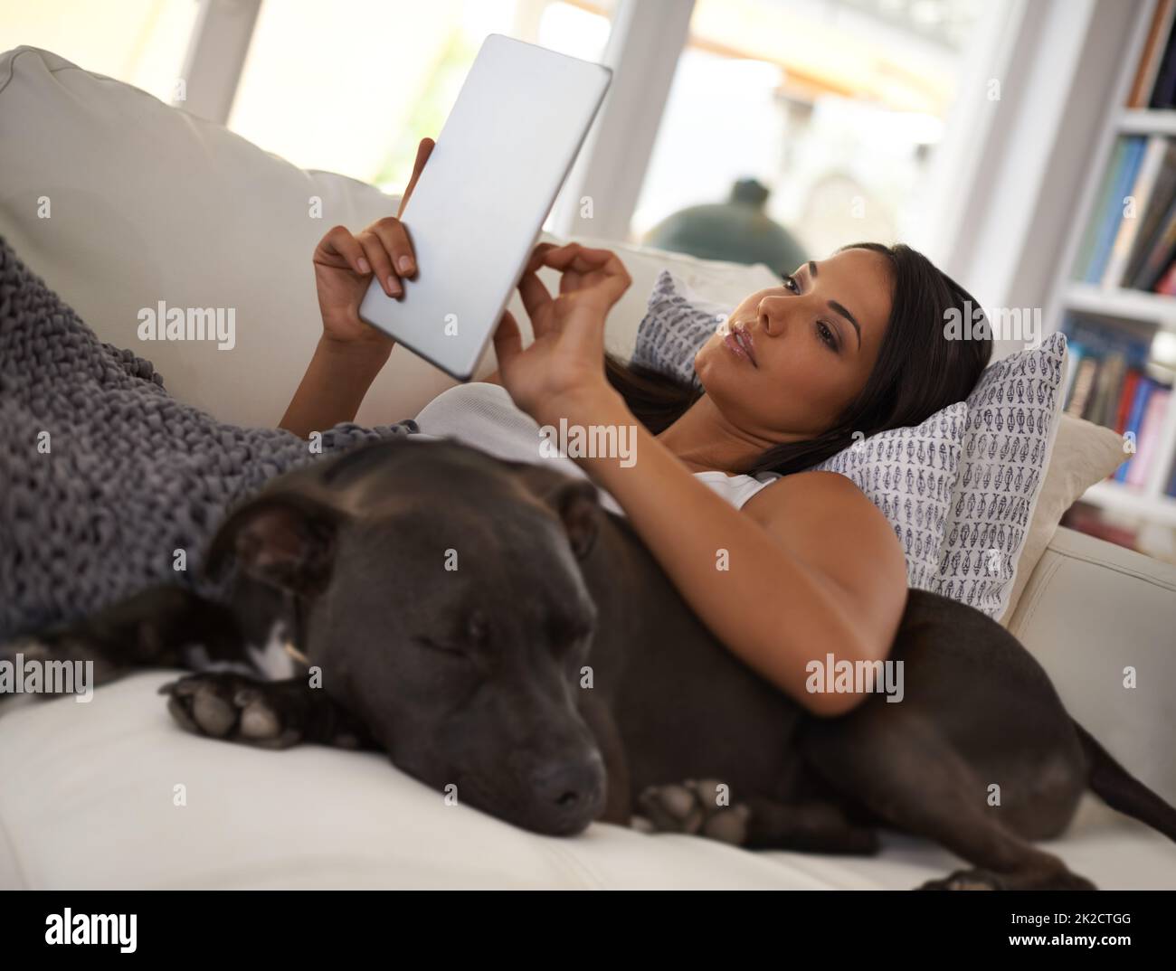 Hes always at my side. Shot of an attractive young woman relaxing on the sofa with her dog and using a digital tablet. Stock Photo