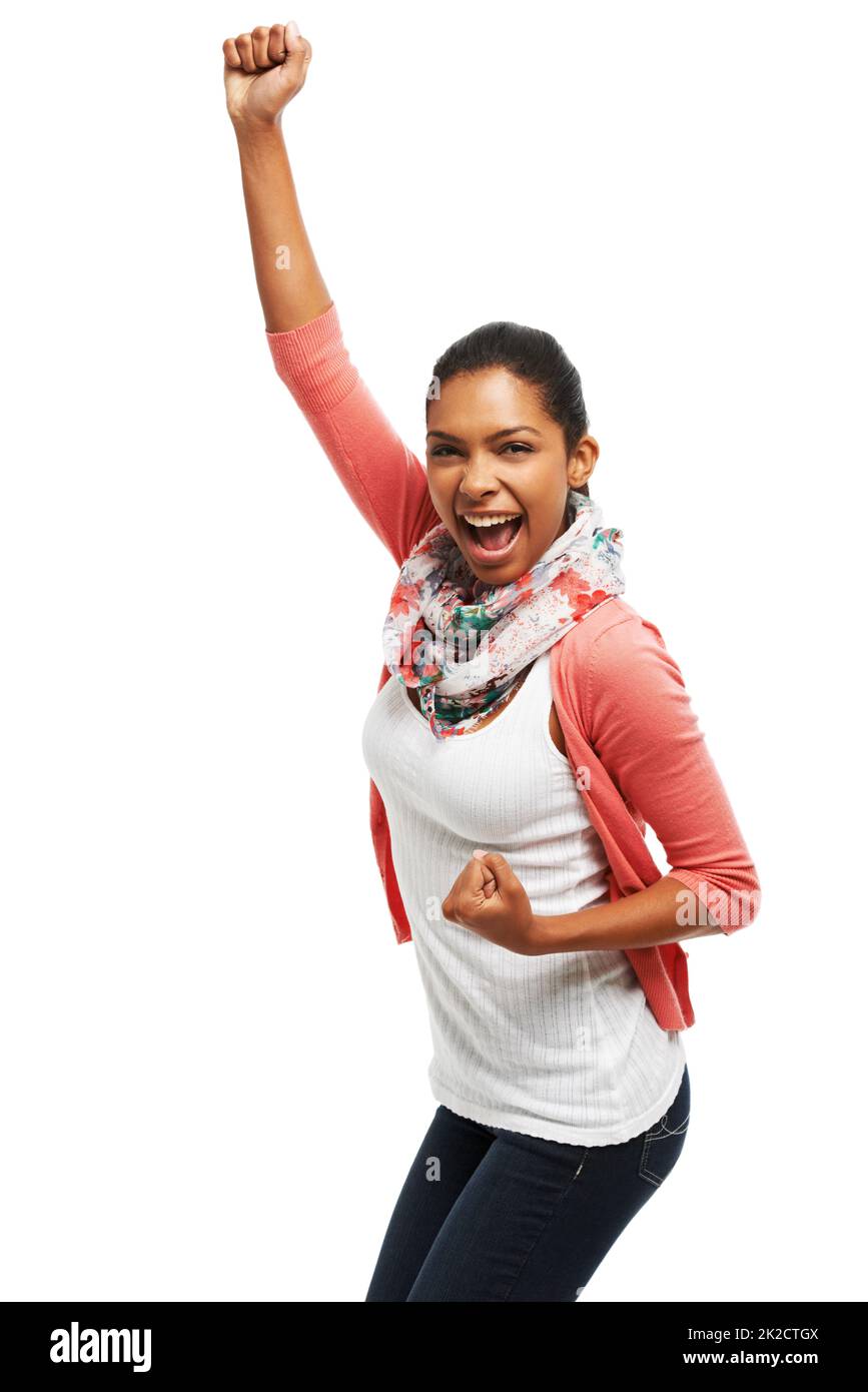 Her happy dance. Portrait of an attractive young woman cheering happily. Stock Photo