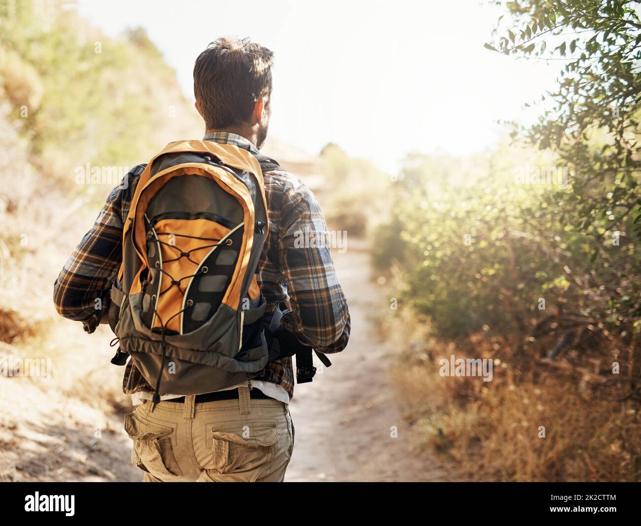 Into the wilderness. Rearview shot of an unrecognizable man hiking in the mountains. Stock Photo