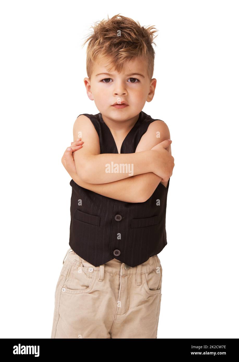 I dont want to. A cute little boy posing on a white background. Stock Photo